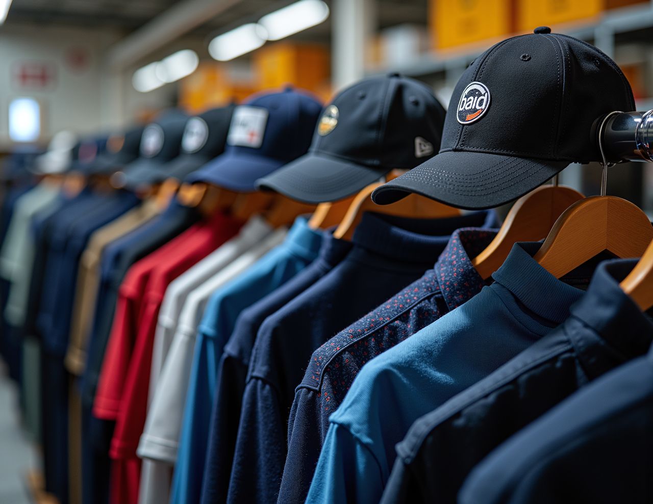 about-01 An organized display of various caps and shirts on hangers inside a clothing store.